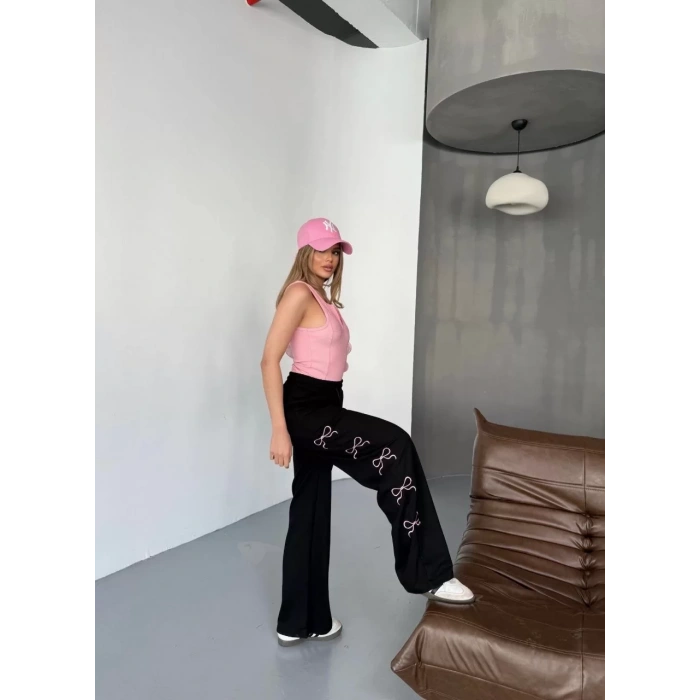 Osy Modal Yumuşak Dokulu Kumaş Nakış işlemeli Rahat Bol Paça Eşofman Pantalon - Siyah