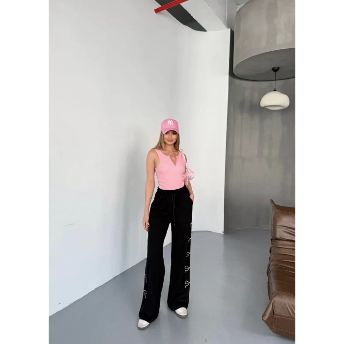 Osy Modal Yumuşak Dokulu Kumaş Nakış işlemeli Rahat Bol Paça Eşofman Pantalon - Siyah