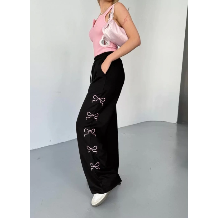 Osy Modal Yumuşak Dokulu Kumaş Nakış işlemeli Rahat Bol Paça Eşofman Pantalon - Siyah