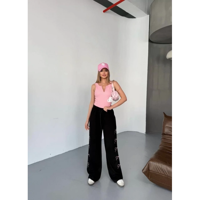 Osy Modal Yumuşak Dokulu Kumaş Nakış işlemeli Rahat Bol Paça Eşofman Pantalon - Siyah