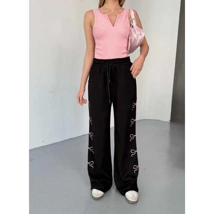 Osy Modal Yumuşak Dokulu Kumaş Nakış işlemeli Rahat Bol Paça Eşofman Pantalon - Siyah