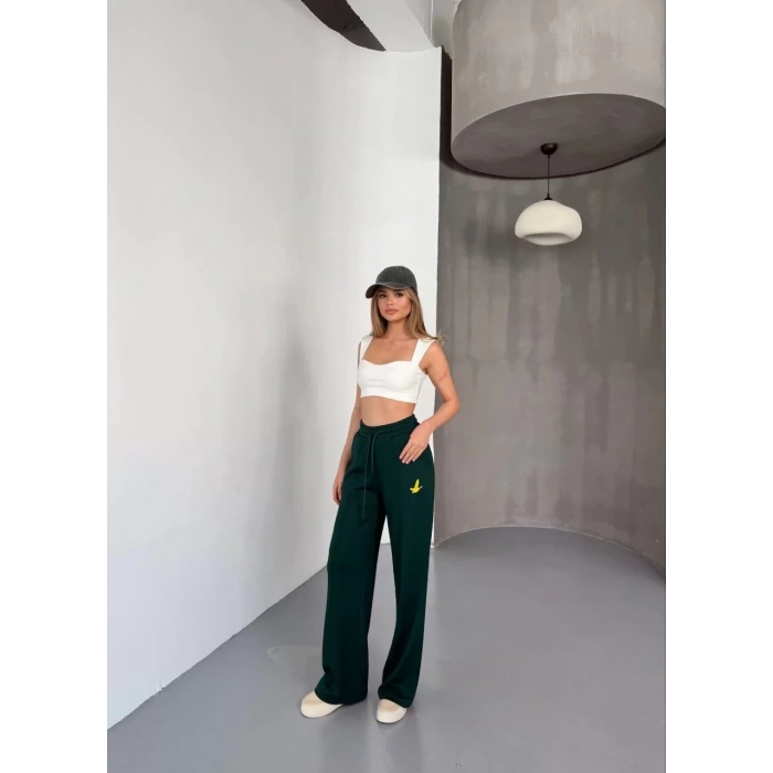 Osy Modal Yumuşak Dokulu Kumaş Nakış işlemeli Rahat Bol Paça Eşofman Pantalon - Yeşil