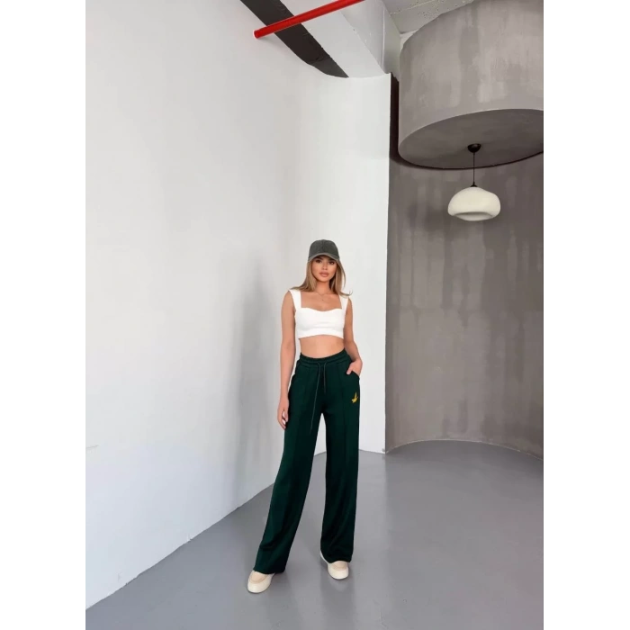 Osy Modal Yumuşak Dokulu Kumaş Nakış işlemeli Rahat Bol Paça Eşofman Pantalon - Yeşil