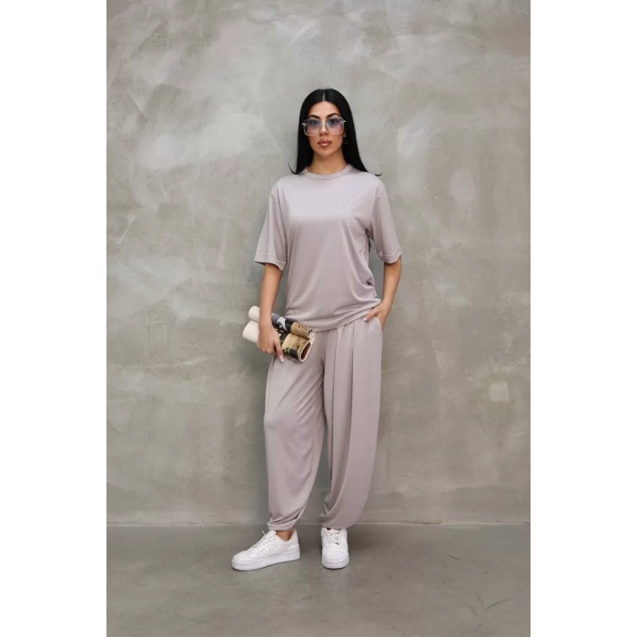 Osy Modal Yumuşak Dokulu Kumaş Oversize Bisiklet Yaka T-shirt Jogger Eşofman Altı Eşofman Takımı - Gri