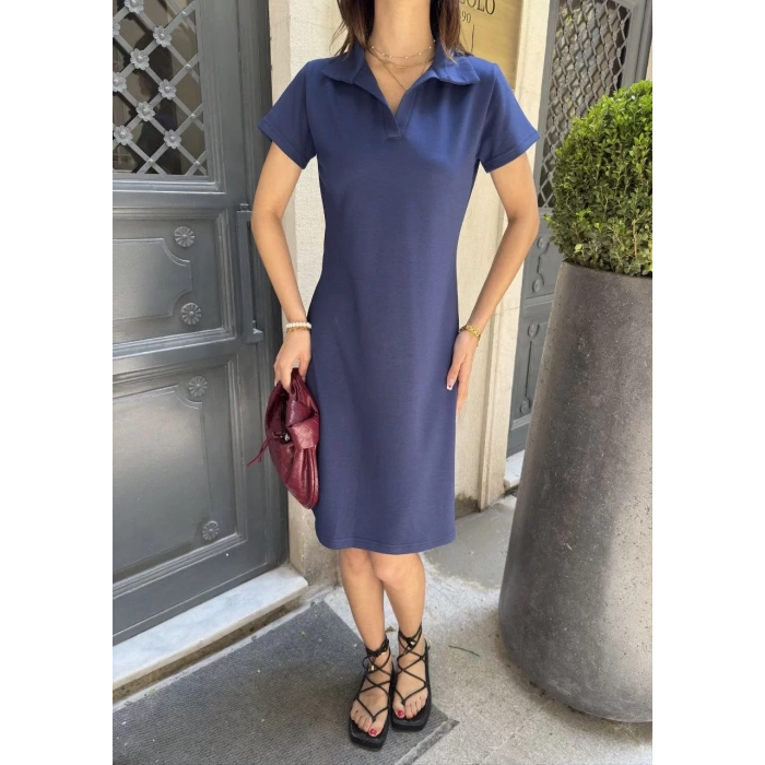 Osy Modal Yumuşak Dokulu Kumaş Yakalı Kısa Kollu Elbise - Mavi