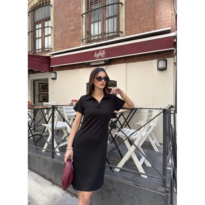 Osy Modal Yumuşak Dokulu Kumaş Yakalı Kısa Kollu Elbise - Siyah