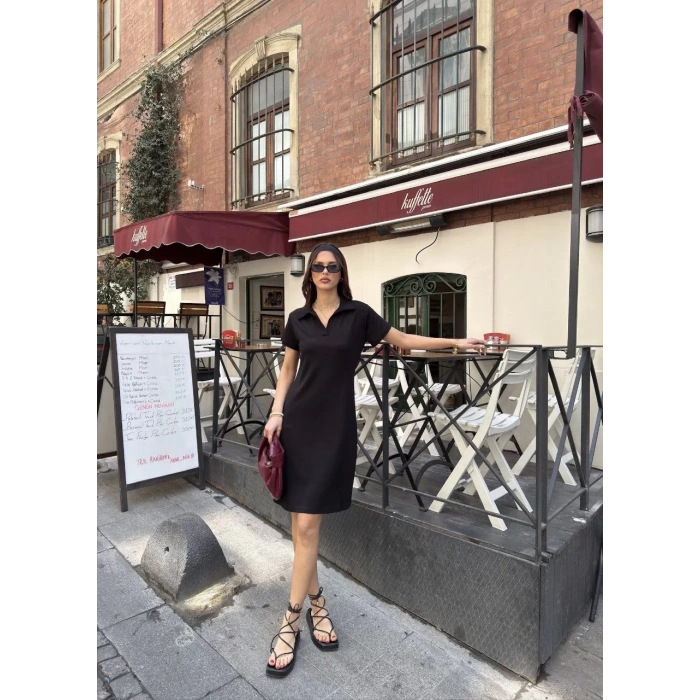 Osy Modal Yumuşak Dokulu Kumaş Yakalı Kısa Kollu Elbise - Siyah