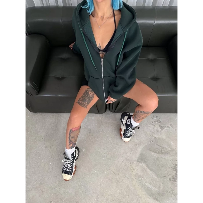 Oversize Tam Fermuarlı Uzun Kol Hırka - Haki