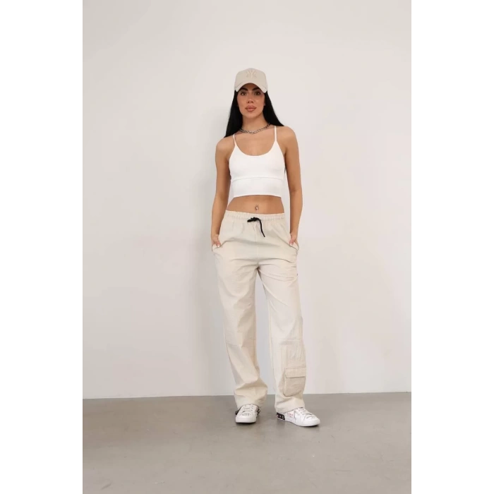 Paraşüt Kumaş Kargo Ceplı Baggy Eşofman- Bej