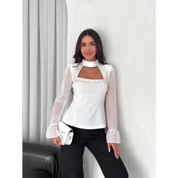 Penye Uzun Kollu Kadın Kolları Şifon Göğüste İnci Boncuk detaylı Bluz - Beyaz