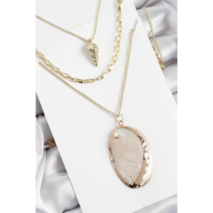 Pirinç Çoklu Zincirli İstiridye Model Gold Renk Kadın Kolye