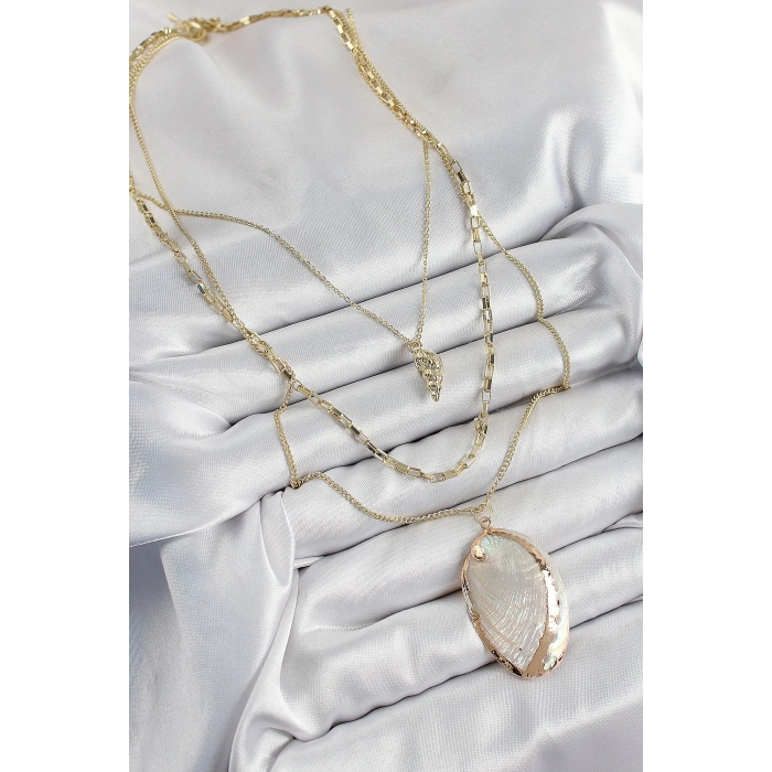 Pirinç Çoklu Zincirli İstiridye Model Gold Renk Kadın Kolye