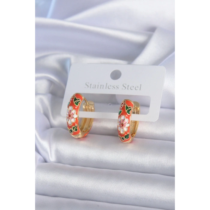 Pirinç Gold Renk Çiçek İşleme Turuncu Kadın Küpe