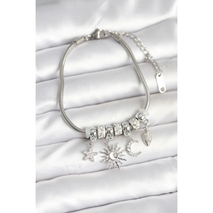 Pirinç Gümüş Renk Ay ve Güneş Charmlı Kadın Bileklik