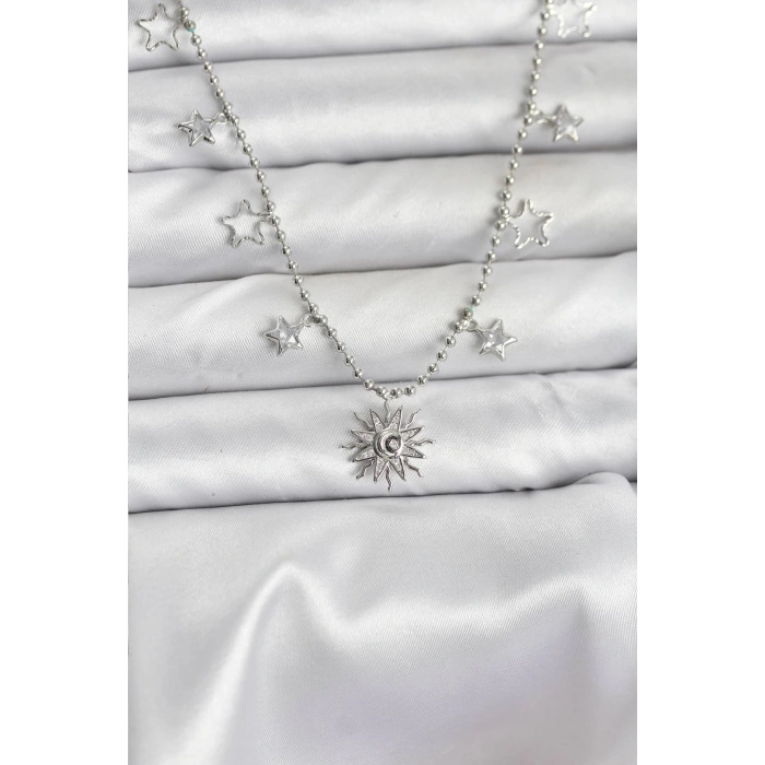 Pirinç Gümüş Renk Güneş Model Kadın Kolye