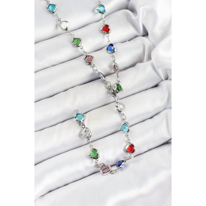 Pirinç Gümüş Renk Karışık Renk Zirkon Taşlı Kalpli Y Kadın Kolye