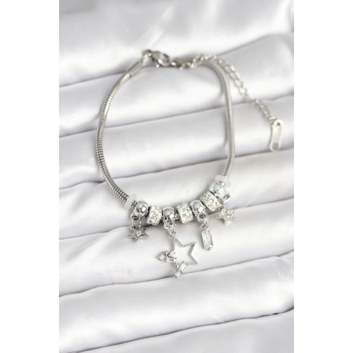 Pirinç Gümüş Renk Yıldız Charmlı Kadın Bileklik