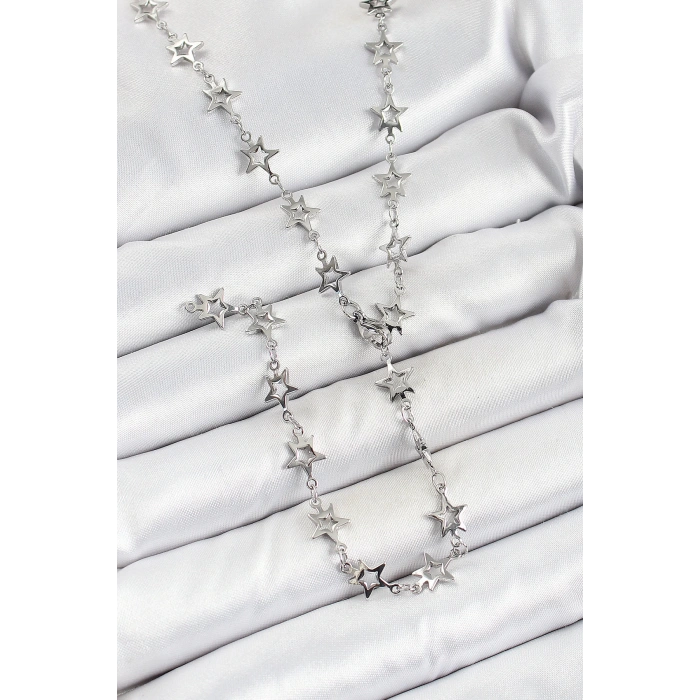 Pirinç Gümüş Renk Yıldızlı Kadın Y Kolye