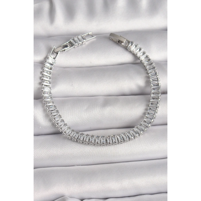 Pirinç Gümüş Renk Zirkon Taşlı Su Yolu Model Kadın Bileklik