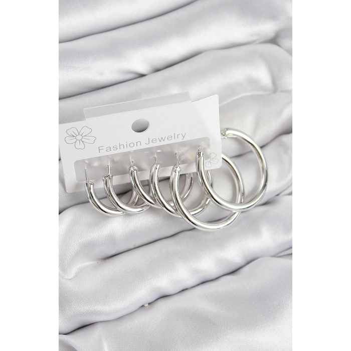 Pirinç Halka Model Gümüş Renk Kadın Set Küpe