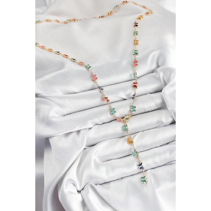 Pirinç Renkli Zirkon Taşlı Kelebek Model Gold Renk Kadın Y Kolye