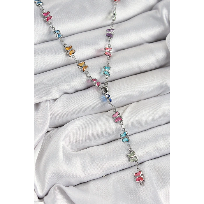 Pirinç Renkli Zirkon Taşlı Kelebek Model Gümüş Renk Kadın Y Kolye