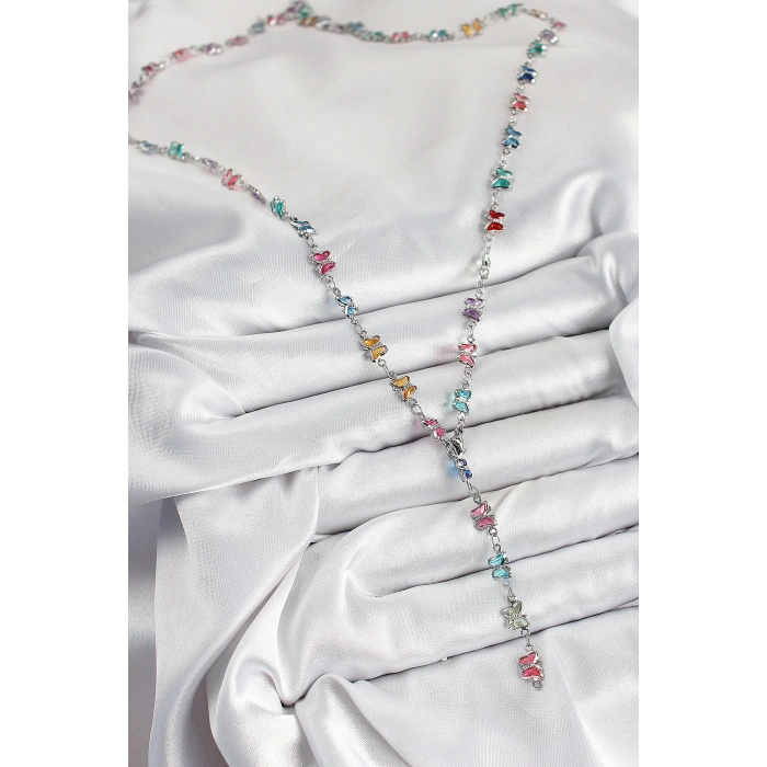 Pirinç Renkli Zirkon Taşlı Kelebek Model Gümüş Renk Kadın Y Kolye