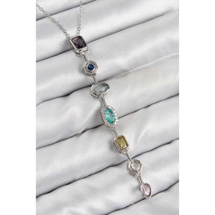 Pirinç Renkli Zirkon Taşlı Model Gümüş Renk 7 Element Kadın Y Kolye