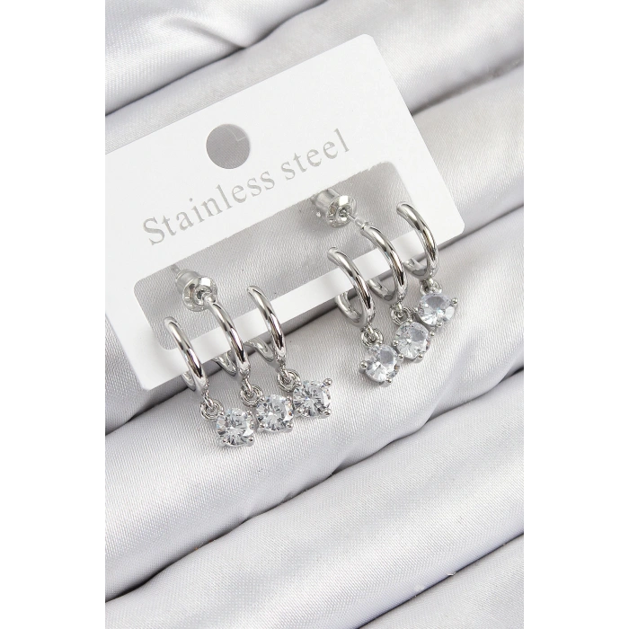 Pirinç Sallantılı Zirkon Taşlı Model Gümüş Renk Kadın Küpe