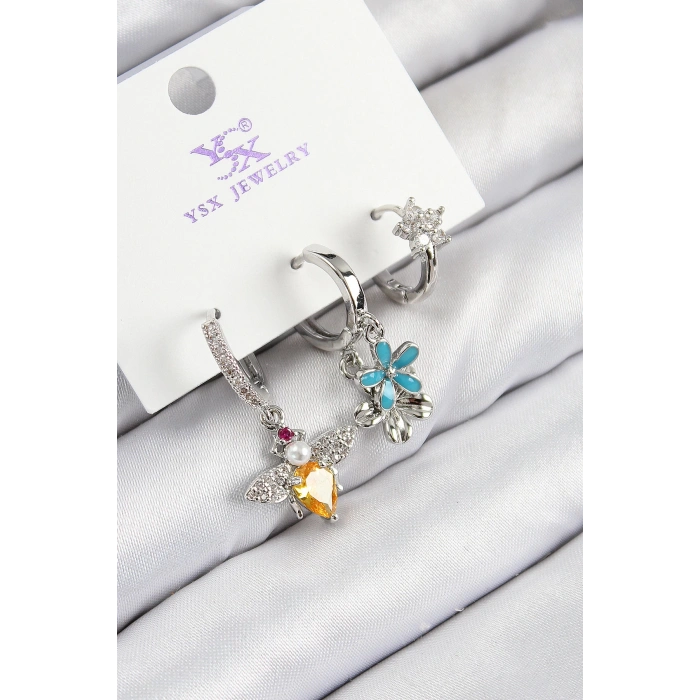 Pirinç Zirkon Taşlı 3lü Arı Ve Çiçek Model Gümüş Renk Kadın Küpe