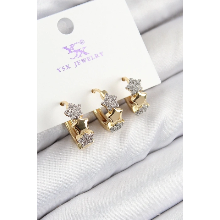 Pirinç Zirkon Taşlı 3lü Halka Yıldız Model Gold Ve Gümüş Renk Kadın Küpe