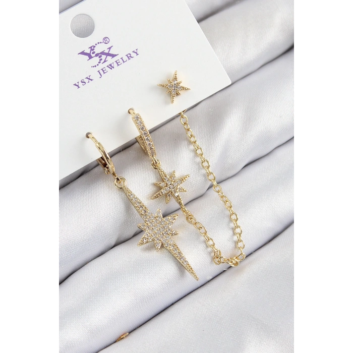 Pirinç Zirkon Taşlı 3lü Kutup Yıldızı Model Gold Renk Kadın Küpe