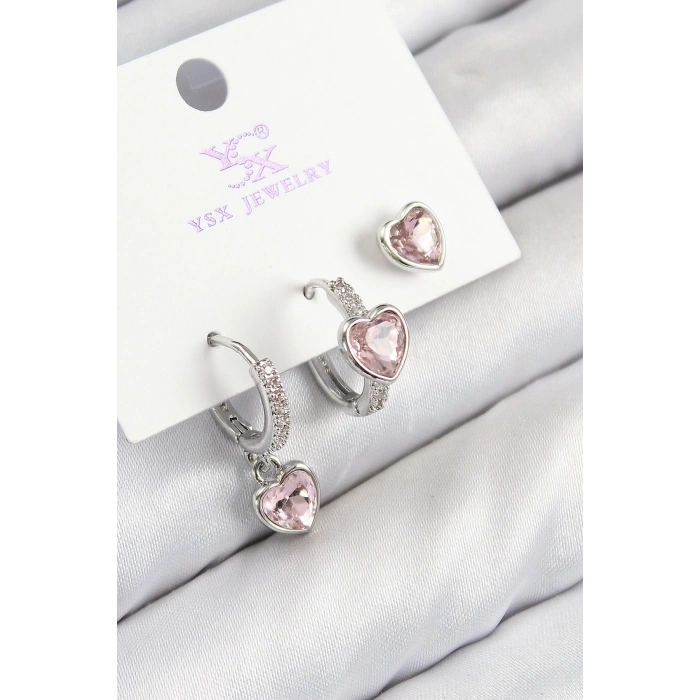 Pirinç Zirkon Taşlı 3lü Pembe Kalp Model Gümüş Renk Kadın Küpe