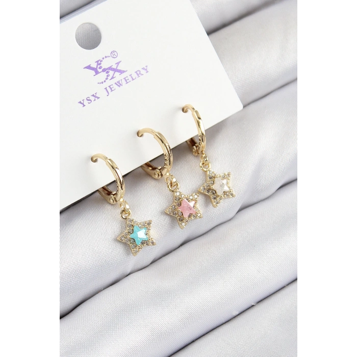 Pirinç Zirkon Taşlı 3lü Renkli Yıldız Model Gold Renk Kadın Küpe