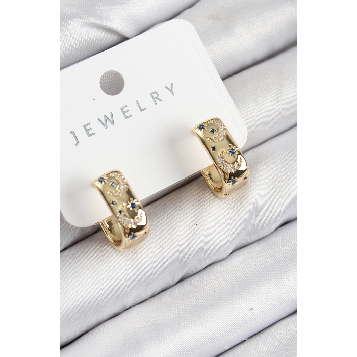 Pirinç Zirkon Taşlı Ay Desenli Model Gold Renk Kadın Küpe