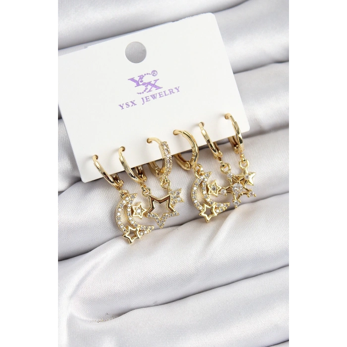 Pirinç Zİrkon Taşlı Ay ve Yıldız Model Gold Renk 3lü Çift Kadın Küpe
