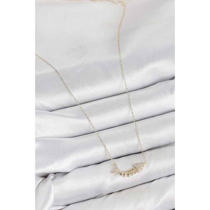 Pirinç Zirkon Taşlı Balık Kılçığı Model Gold Renk Kadın Kolye