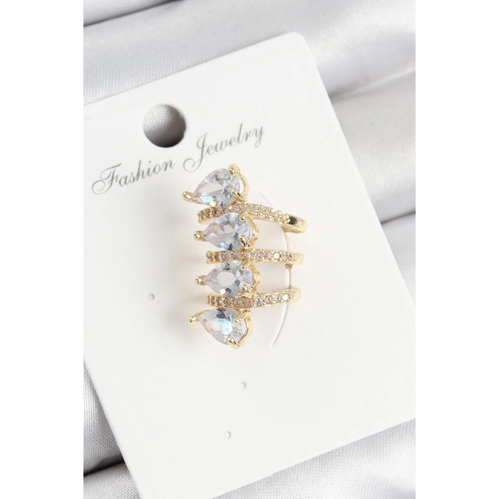Pirinç Zirkon Taşlı Damla Model Gold Renk Sağ Kıkırdak Küpe