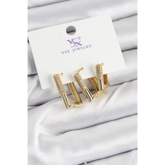 Pirinç Zİrkon Taşlı Dikdörtgen Model Gold Renk 3lü Kadın Küpe