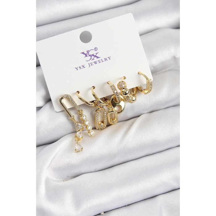 Pirinç Zİrkon Taşlı Dikdörtgen Model Gümüş Renk 3lü Çift Kadın Küpe