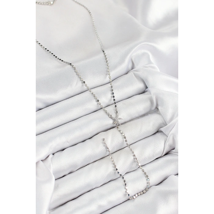 Pirinç Zirkon Taşlı Ezme Zincirli Deniz Yıldızı Model Gümüş Renk Y Kolye