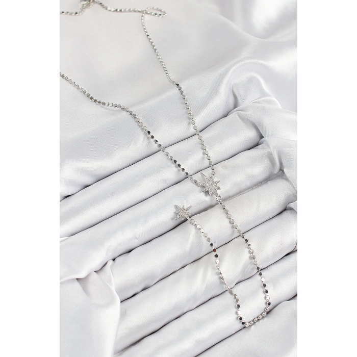 Pirinç Zirkon Taşlı Ezme Zincirli Kutup Yıldızı Model Gümüş Renk Y Kolye