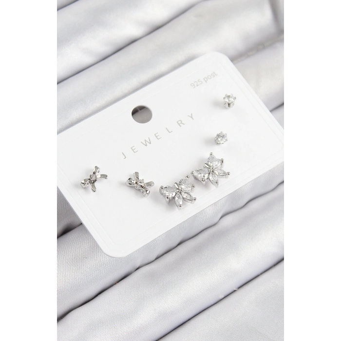 Pirinç Zirkon Taşlı Fiyonk Model Gümüş Renk 925 Ayar Gümüş Çivi Kadın Küpe Set