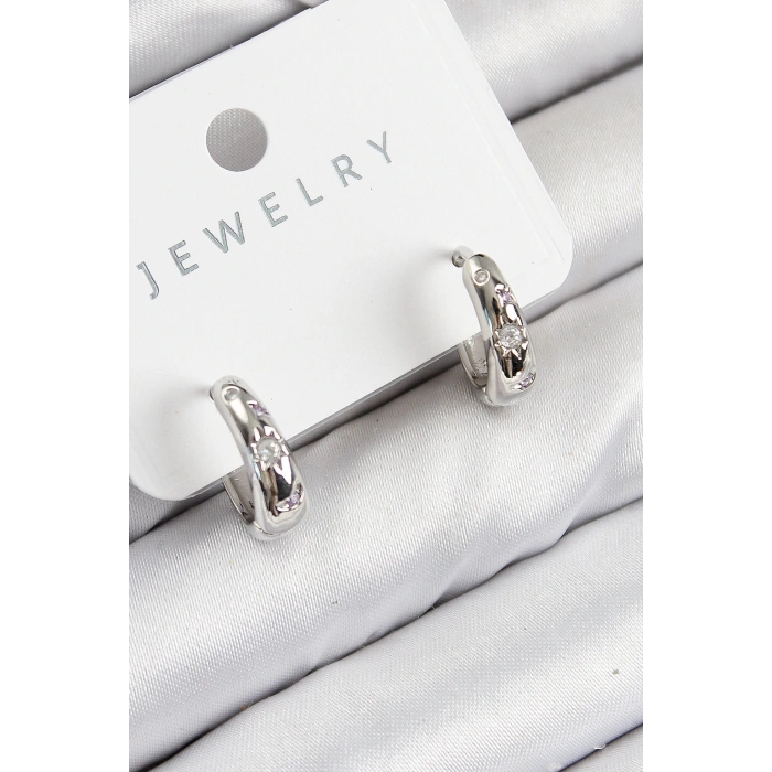 Pirinç Zirkon Taşlı Halka Model Gümüş Renk Kadın Küpe