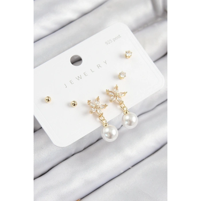 Pirinç Zirkon Taşlı İnci Sallantılı Çiçek Model Gümüş Renk 925 Ayar Gümüş Çivi Kadın Küpe Set