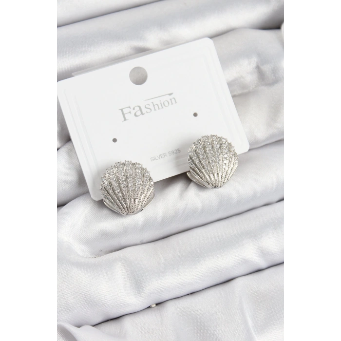 Pirinç Zirkon Taşlı İstiridye Model Gümüş Renk 925 Ayar Gümüş Çivi Kadın Küpe