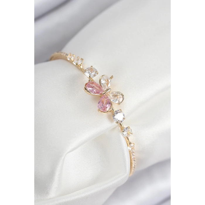 Pirinç Zirkon Taşlı Kelebek Model Gold Renk Kadın Bileklik