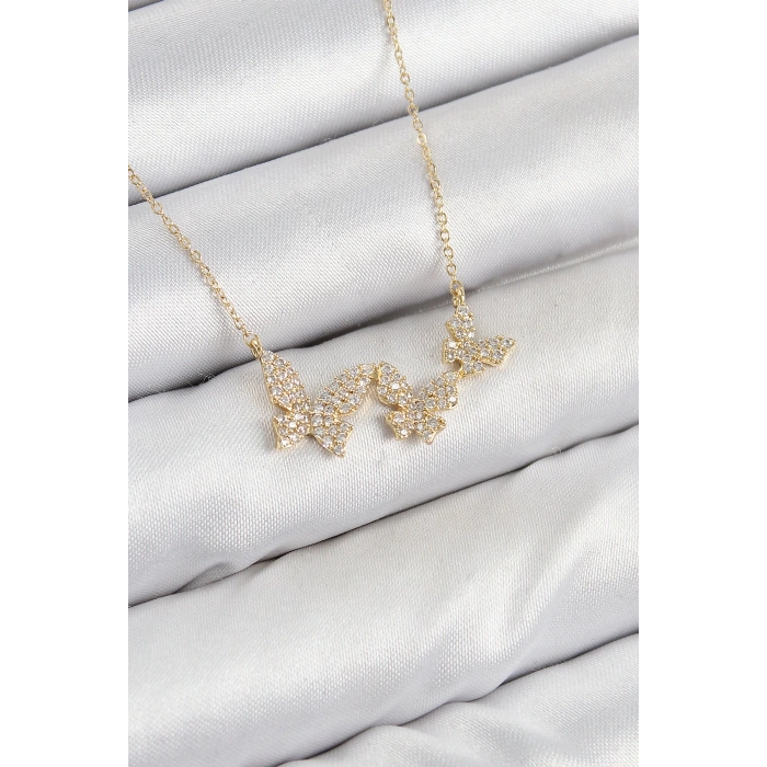Pirinç Zirkon Taşlı Kelebek Model Gold Renk Kadın Kolye