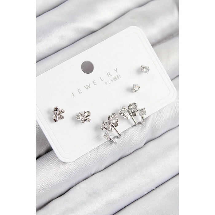 Pirinç Zirkon Taşlı Kelebek Model Gümüş Renk 925 Ayar Gümüş Çivi Kadın Küpe Set