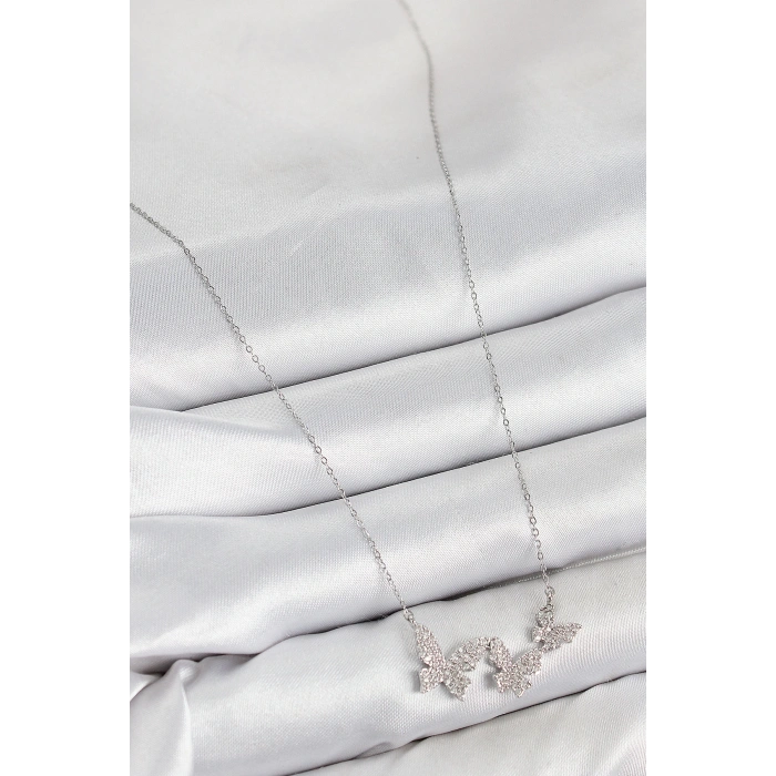 Pirinç Zirkon Taşlı Kelebek Model Gümüş Renk Kadın Kolye